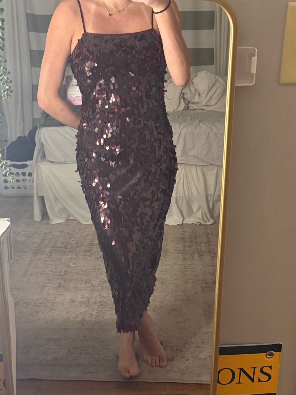 Avec Les Filles Burgundy Sequin Midi Slip Dress